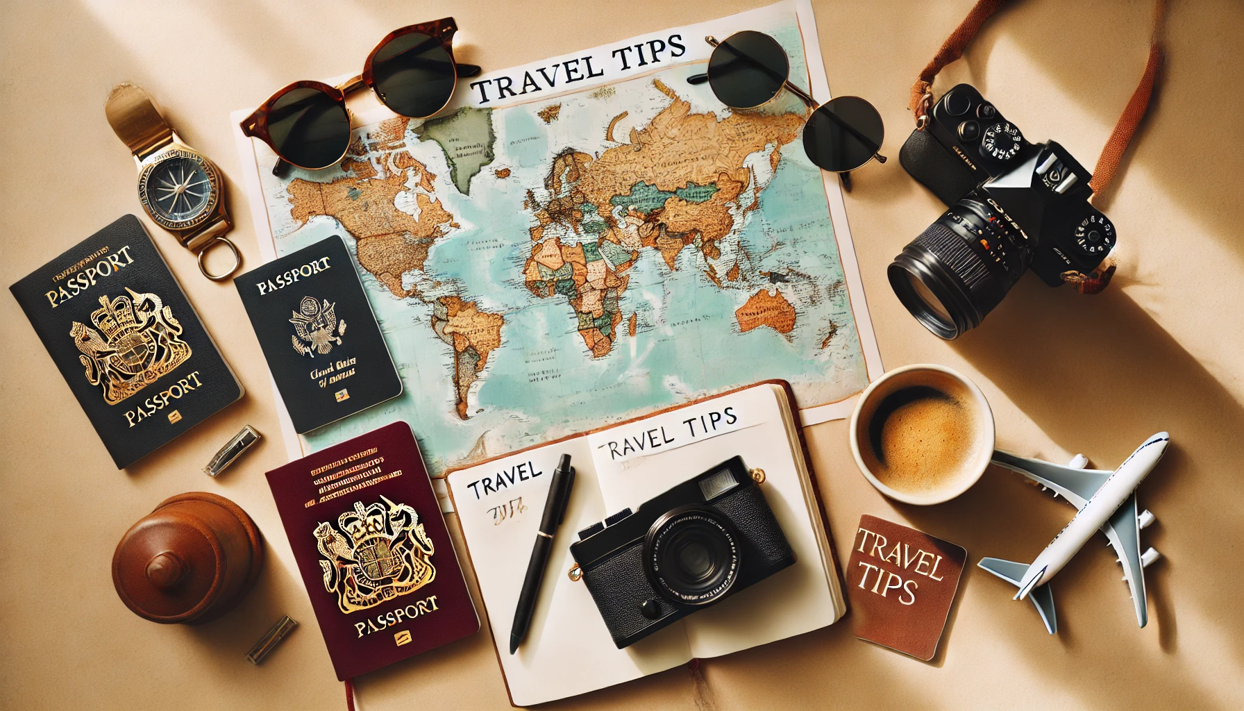 Flat-lay of travel essentials including a world map, coffee cup, pen, travel journal, passport, sunglasses, and camera. Perfect for travelers.