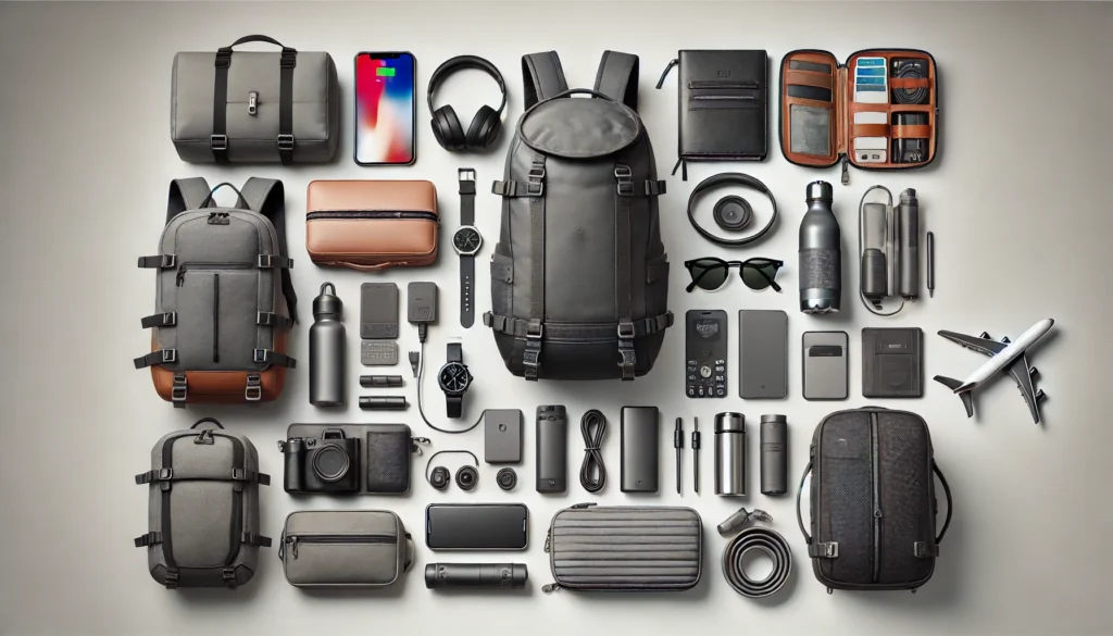 "A visually striking arrangement of essential travel gear, including modern backpacks, compact tech gadgets like headphones and portable chargers, and practical travel accessories such as water bottles, RFID-blocking wallets, TSA-approved locks, and travel organizers."