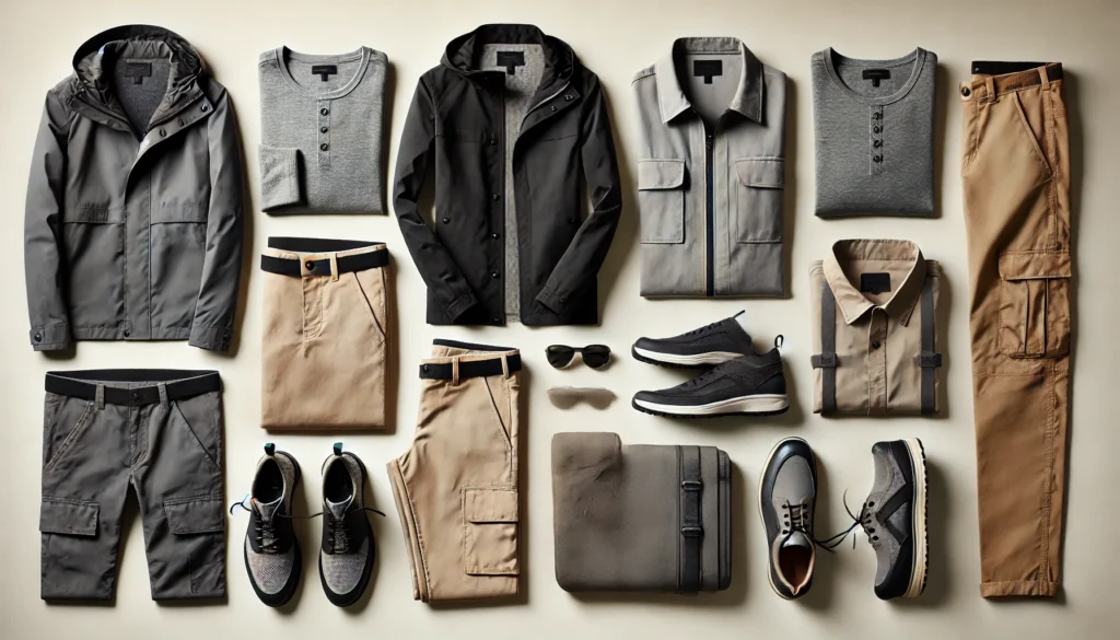 "An organized layout of essential travel clothing, including lightweight jackets, travel pants, and sturdy shoes designed for versatile wear."