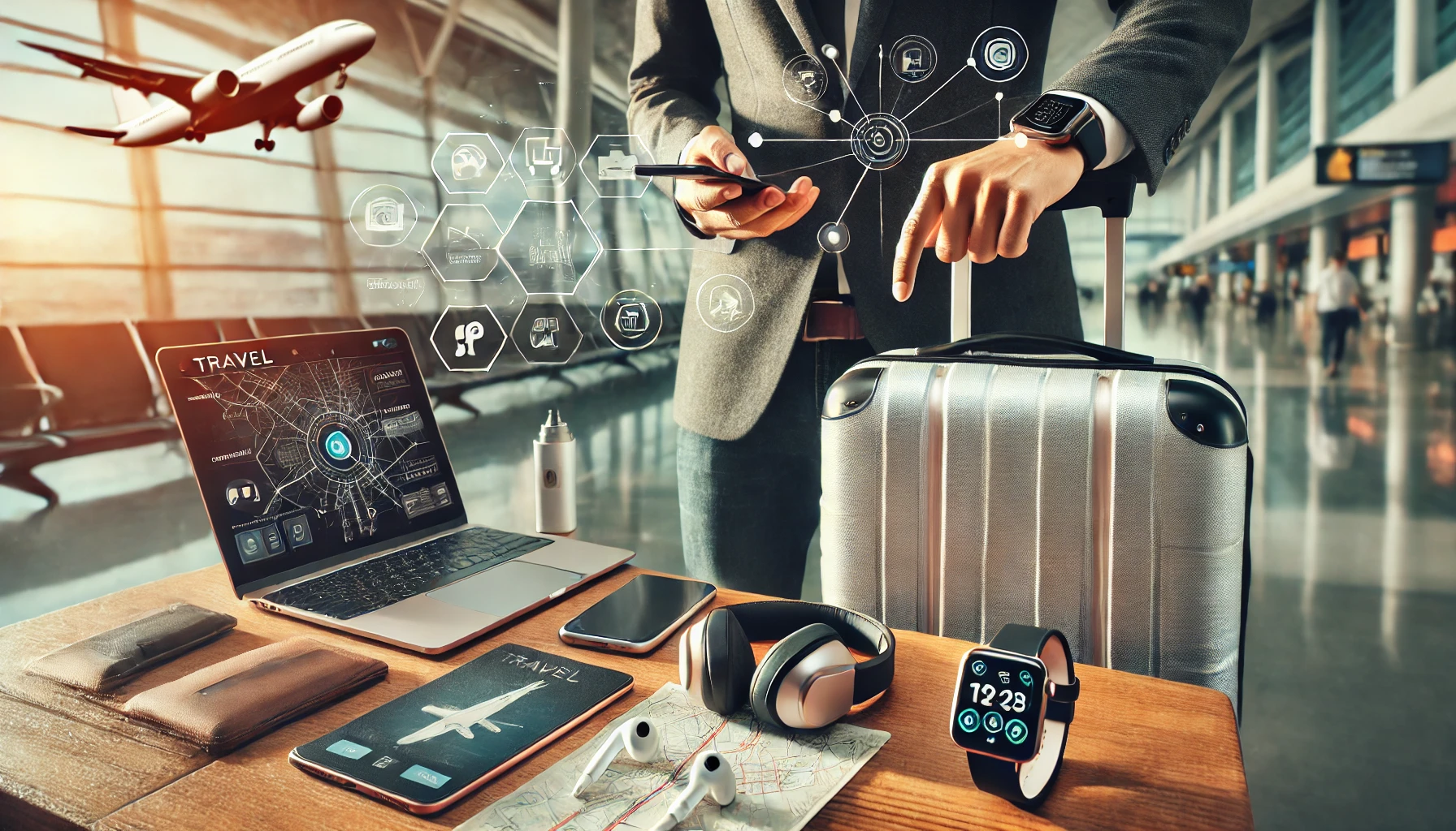 Traveler using the latest travel technology at an airport, featuring gadgets like a smartphone, smartwatch, and a suitcase with a built-in charger.