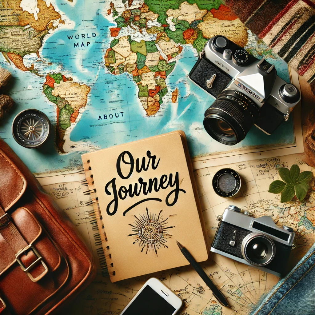 Travel-themed image with a world map, camera, backpack, and notebook titled 'Our Journey' reflecting the spirit of adventure and exploration.