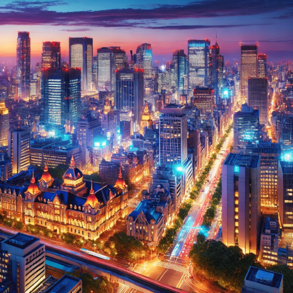 A panoramic view of a vibrant city skyline at dusk, featuring illuminated skyscrapers, bustling streets, and historic landmarks. Perfect for city travelers!