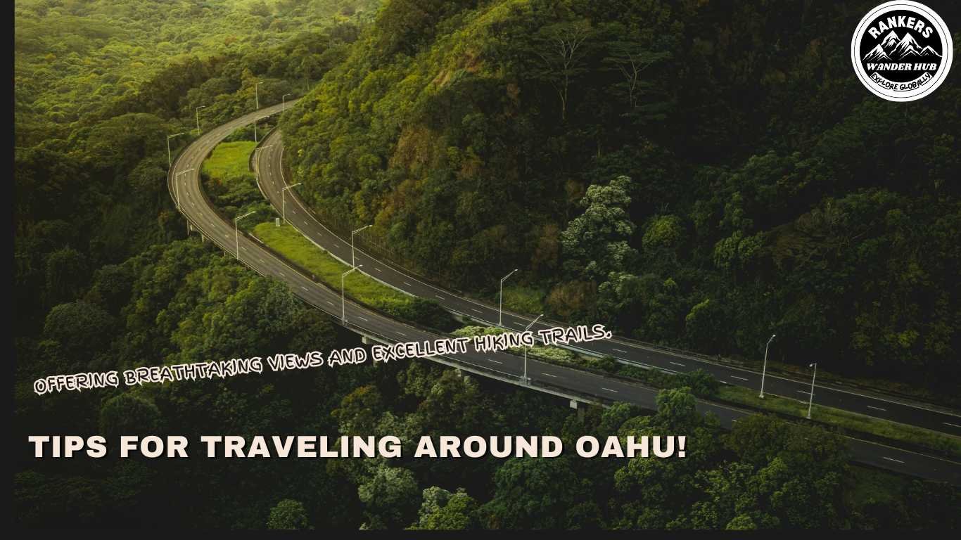 A winding road through lush green hills in Oahu, known for its scenic views and hiking trails.