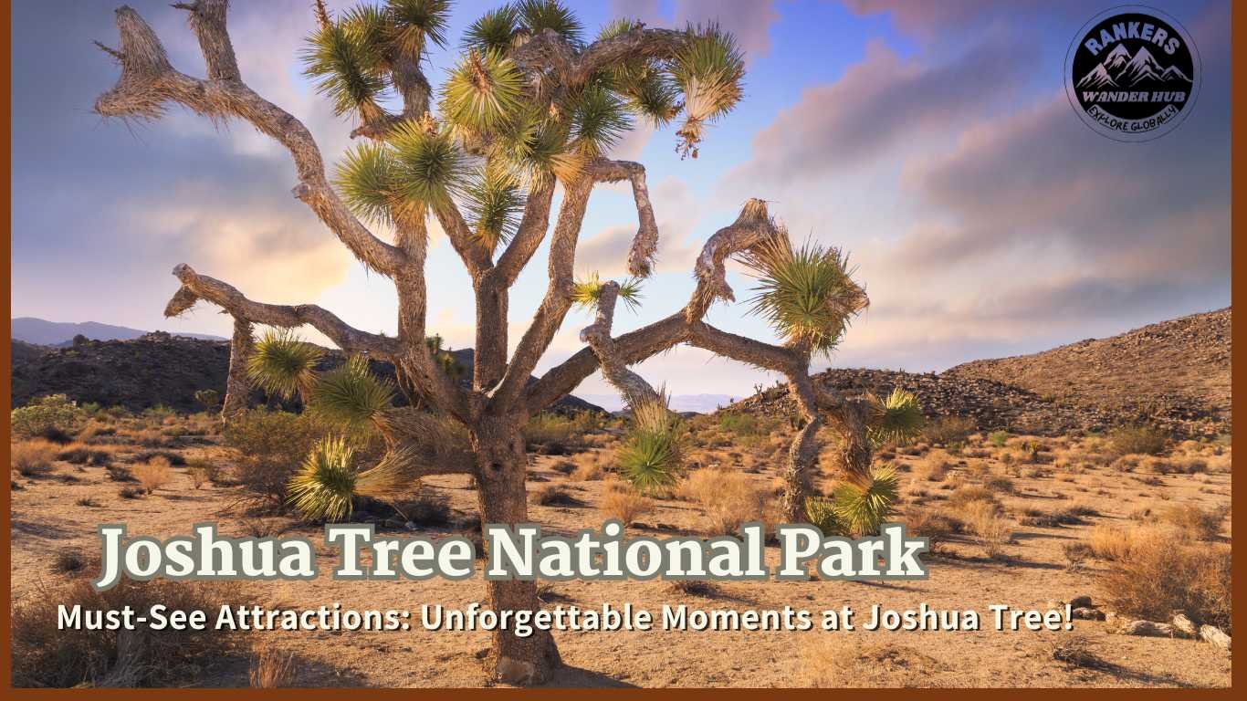 Unique Joshua Tree surrounded by desert landscape under a colorful sky.