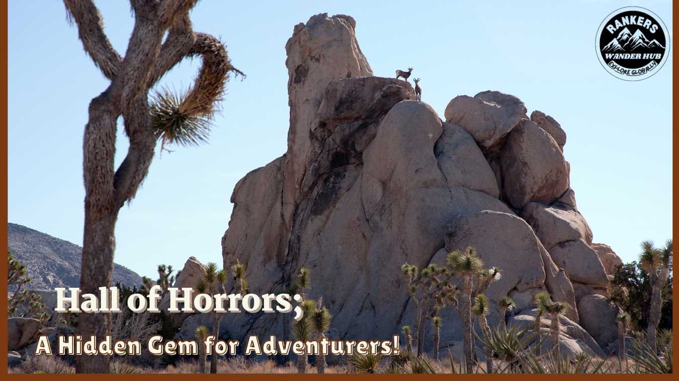 Massive rock formations at Hall of Horrors in Joshua Tree, with adventurous visitors climbing and exploring.