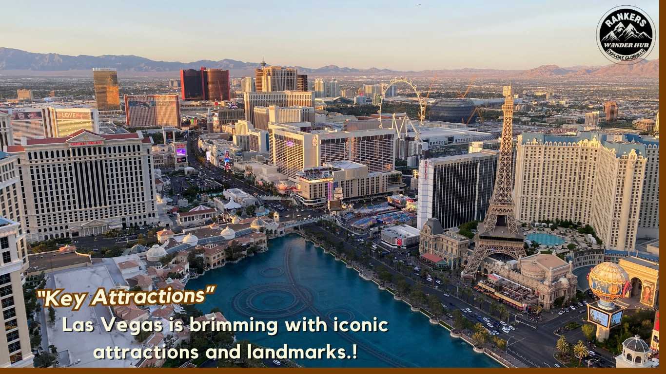 "Aerial view of key attractions on the Las Vegas Strip, featuring the Eiffel Tower replica, Caesars Palace, and surrounding resorts and landmarks."