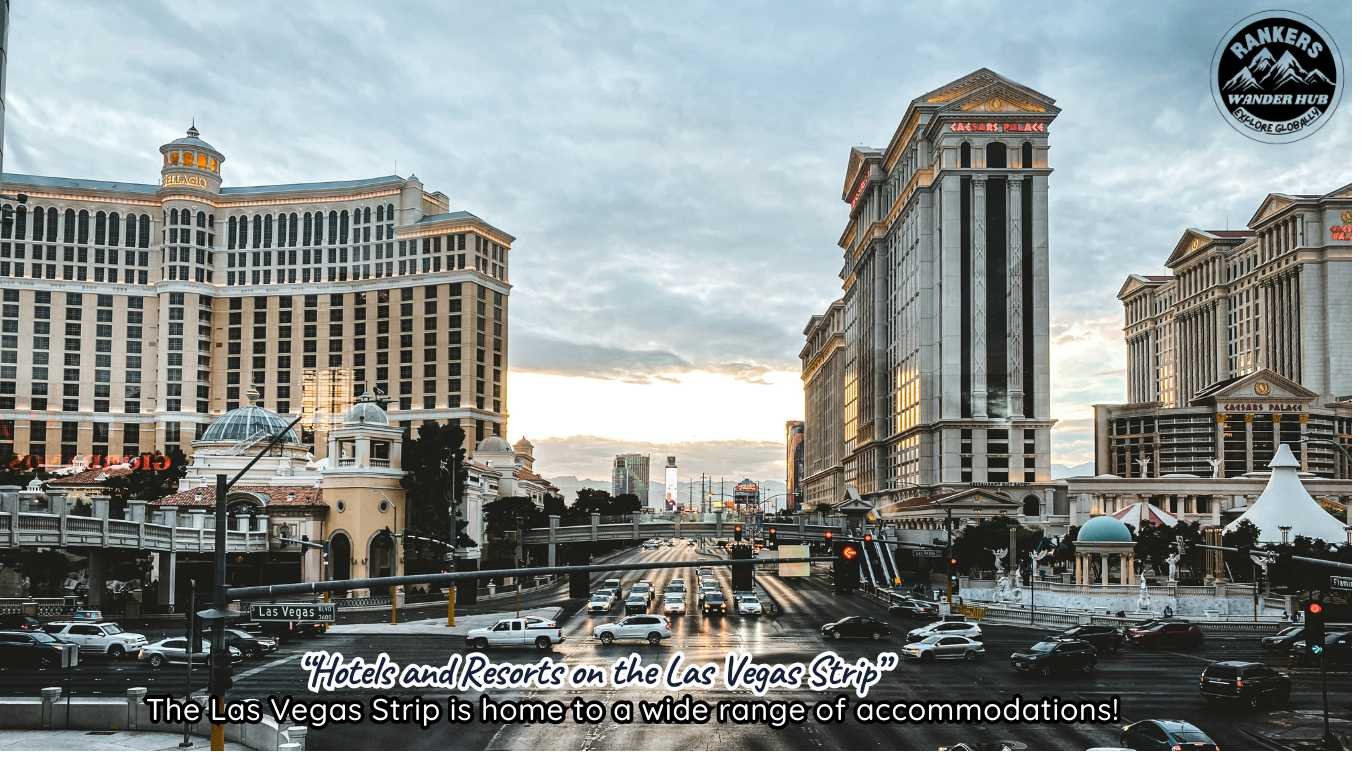 "Hotels and Resorts on the Las Vegas Strip with iconic landmarks, including Caesars Palace and Bellagio under a cloudy sky."