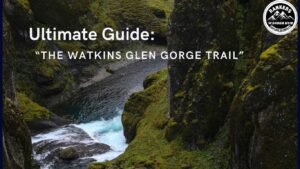 "Scenic view of the Watkins Glen Gorge Trail with moss-covered cliffs and flowing river, highlighting the natural beauty of the trail."