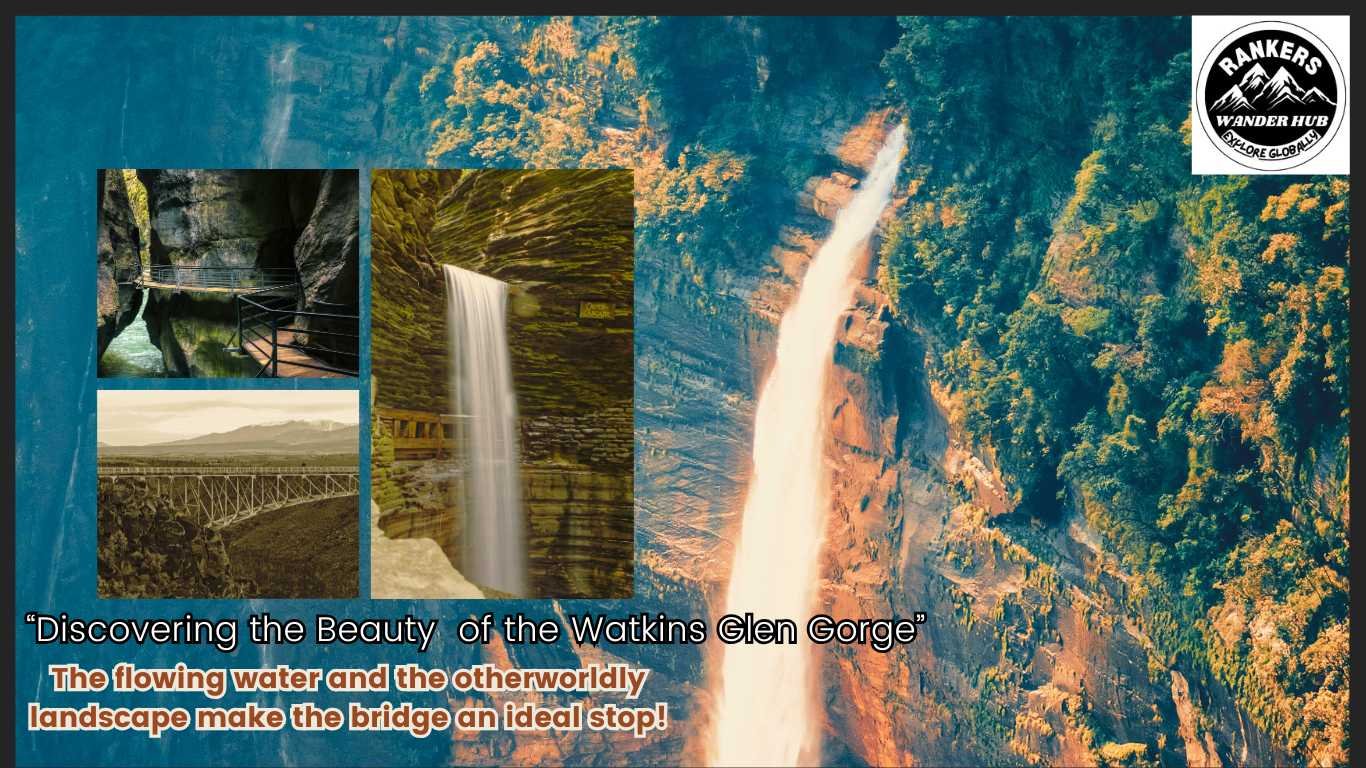  "Visitors walk along the Watkins Glen Gorge bridge with stunning rock formations and cascading waterfalls."