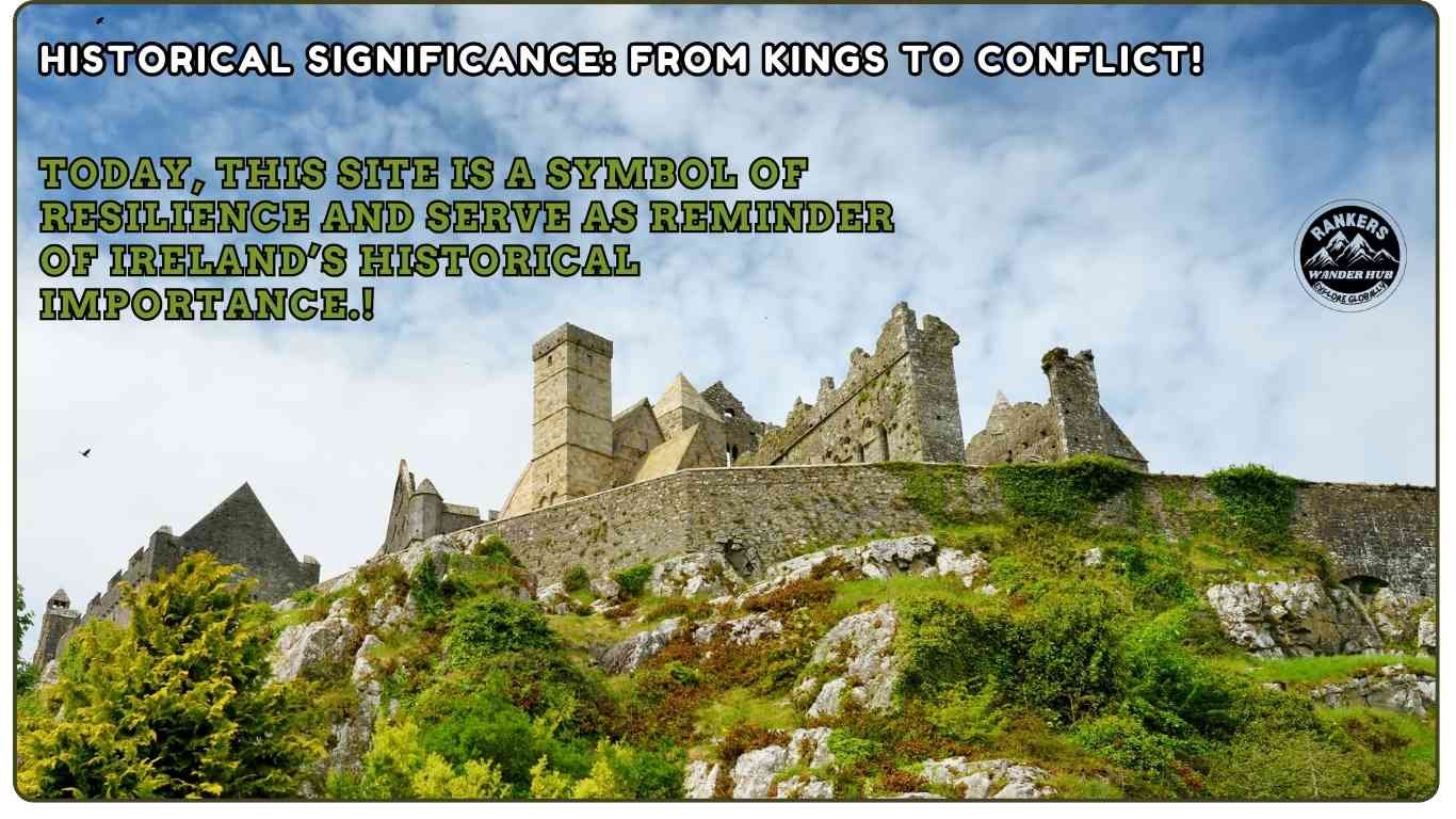  "The Rock of Cashel, a historic fortress in Ireland, standing tall on a rocky hill with lush greenery surrounding it."