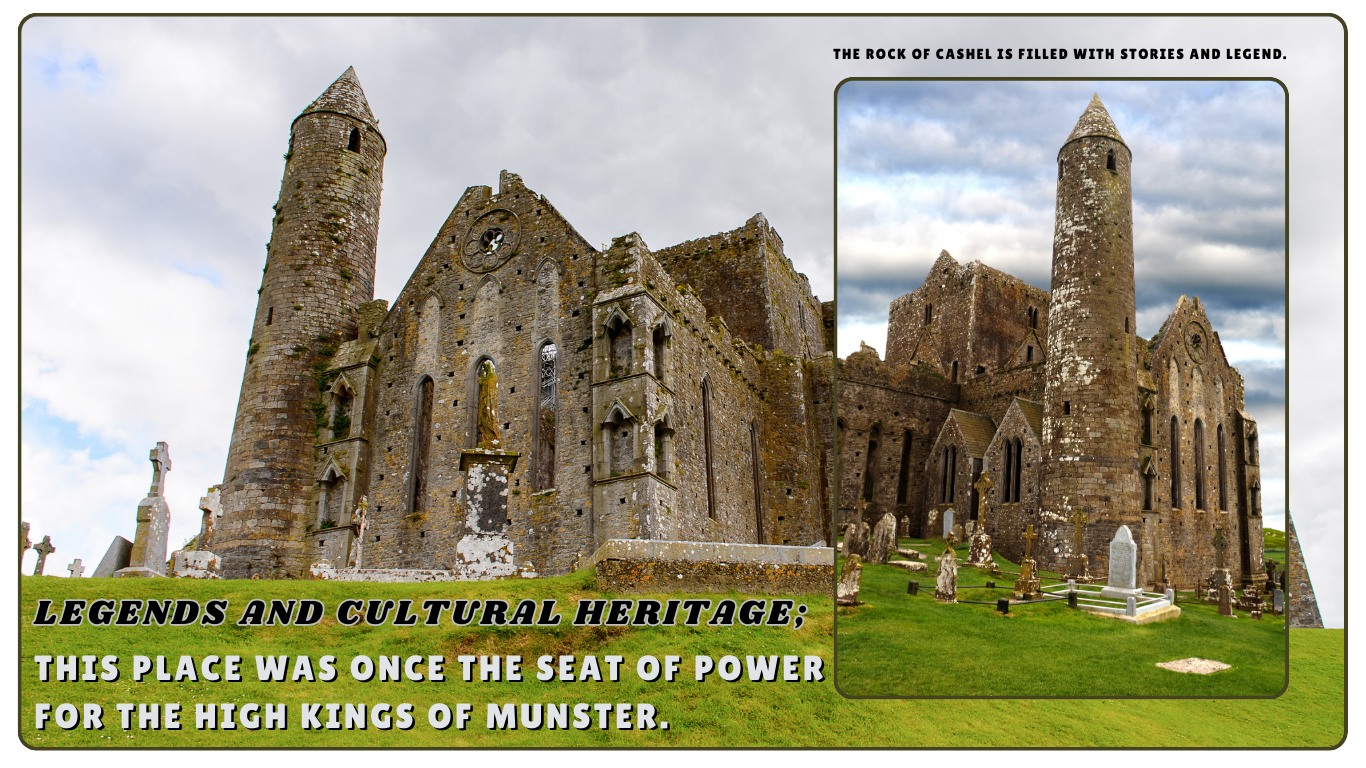 "Ancient ruins of the Rock of Cashel, Ireland, a former seat of power for the High Kings of Munster with a round tower and historic stone structures."