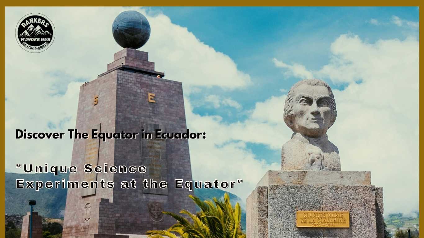 "Equator Monument at Mitad del Mundo in Ecuador with a statue of Charles Marie de La Condamine, emphasizing unique science experiments at the equator."