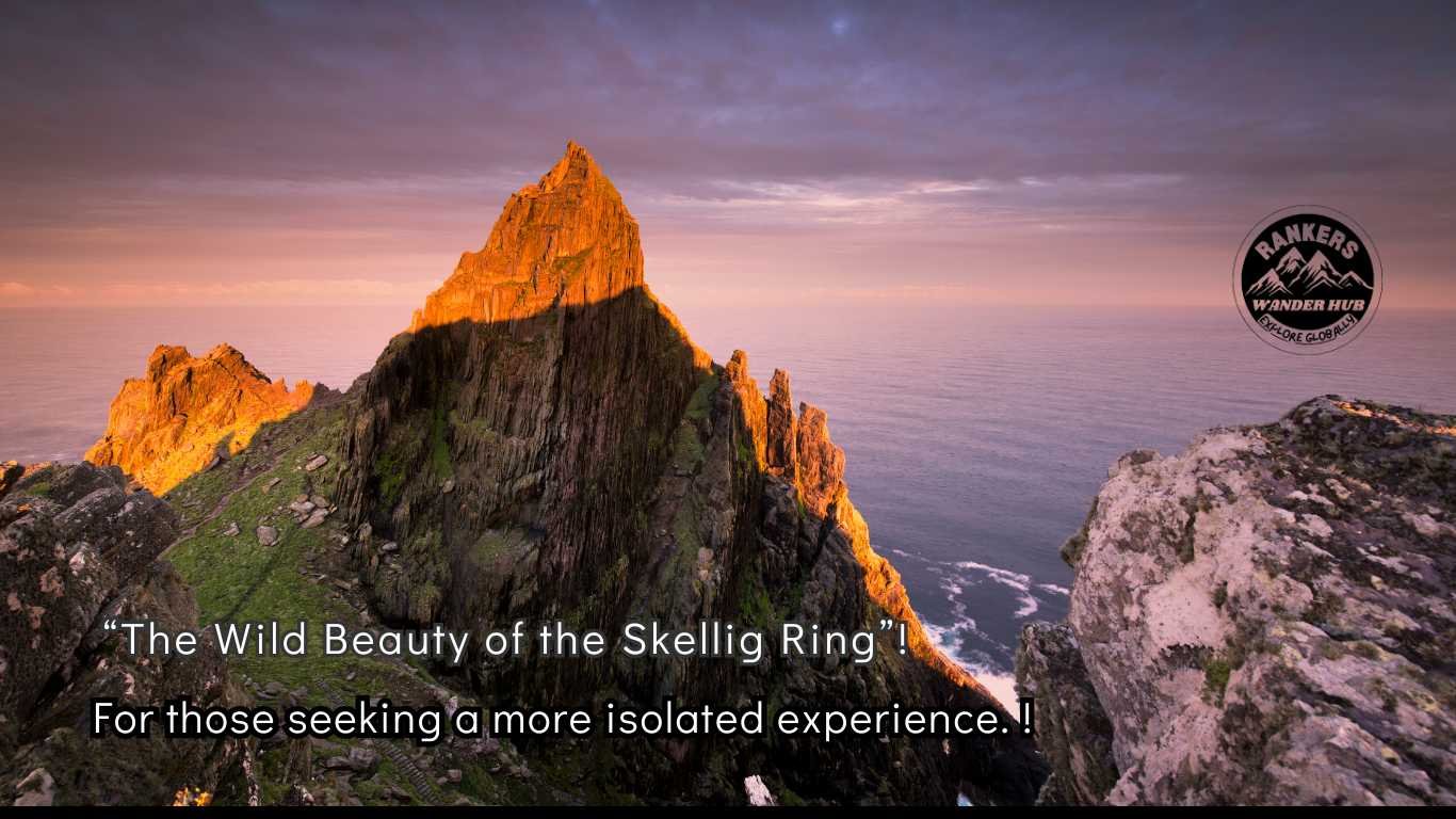  The wild beauty of the Skellig Ring during sunset, showcasing rocky cliffs and the Atlantic Ocean.