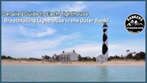 "Cape Lookout Lighthouse standing tall on the shoreline, surrounded by serene blue waters and a clear sky."