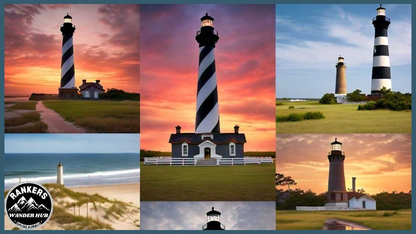 "Collage of six breathtaking Outer Banks lighthouses, featuring unique designs and picturesque coastal settings."