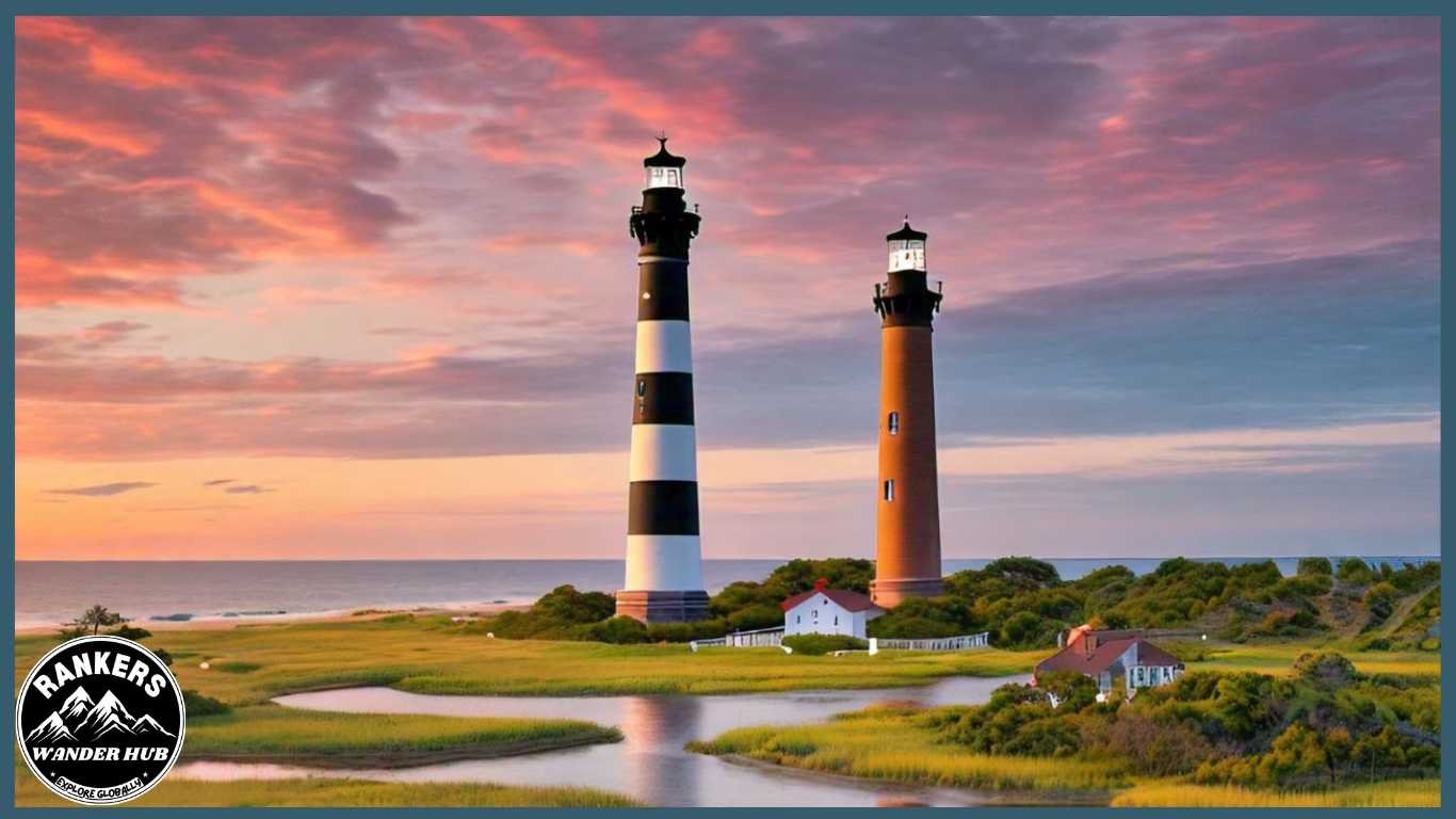 "Two iconic Outer Banks lighthouses during sunset, with green marshland and coastal houses nearby, showcasing the beauty of Cape Hatteras and Bodie Island Lighthouses."