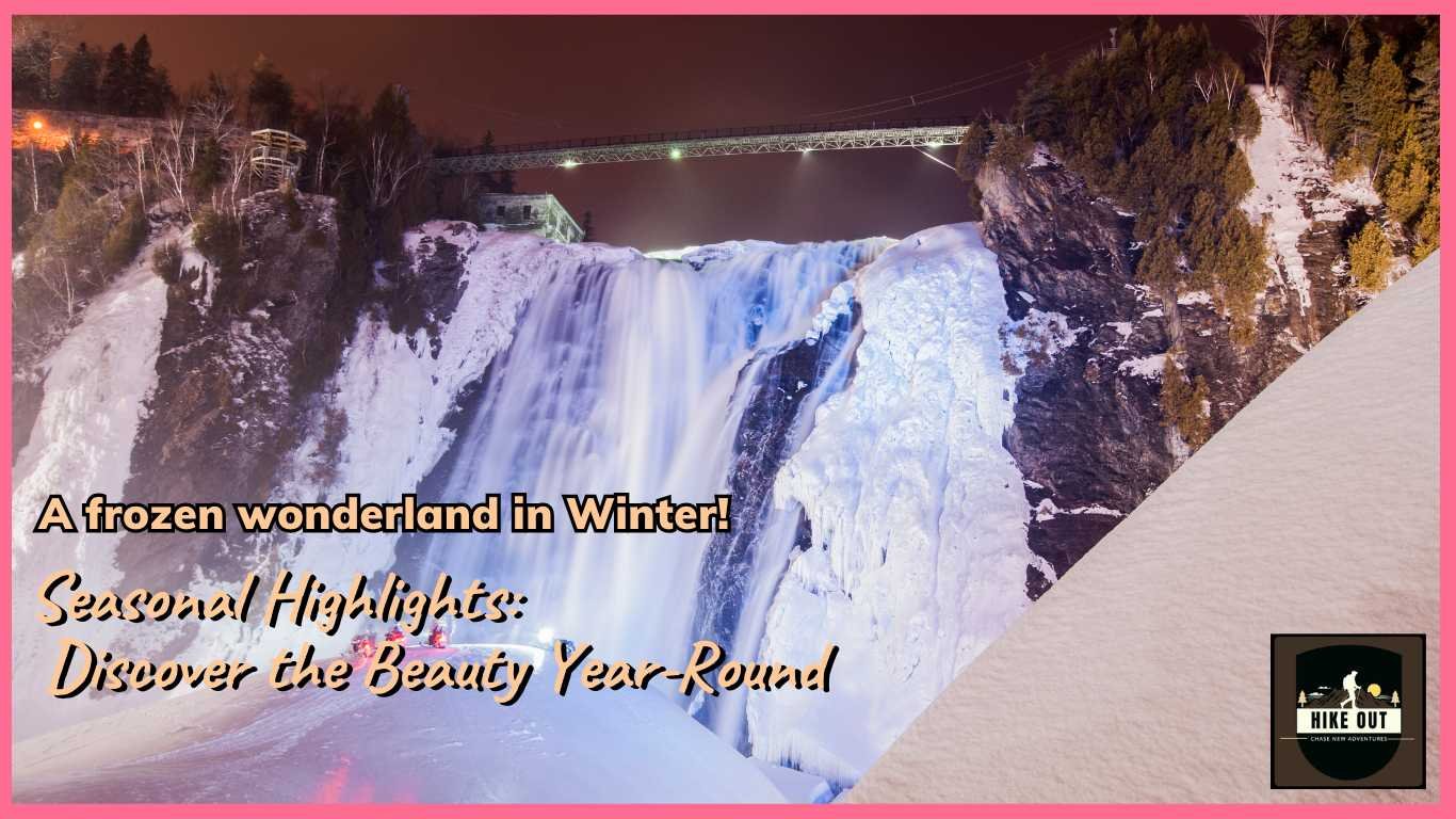 Montmorency Falls in winter, covered in snow and ice, with cable car providing scenic views.