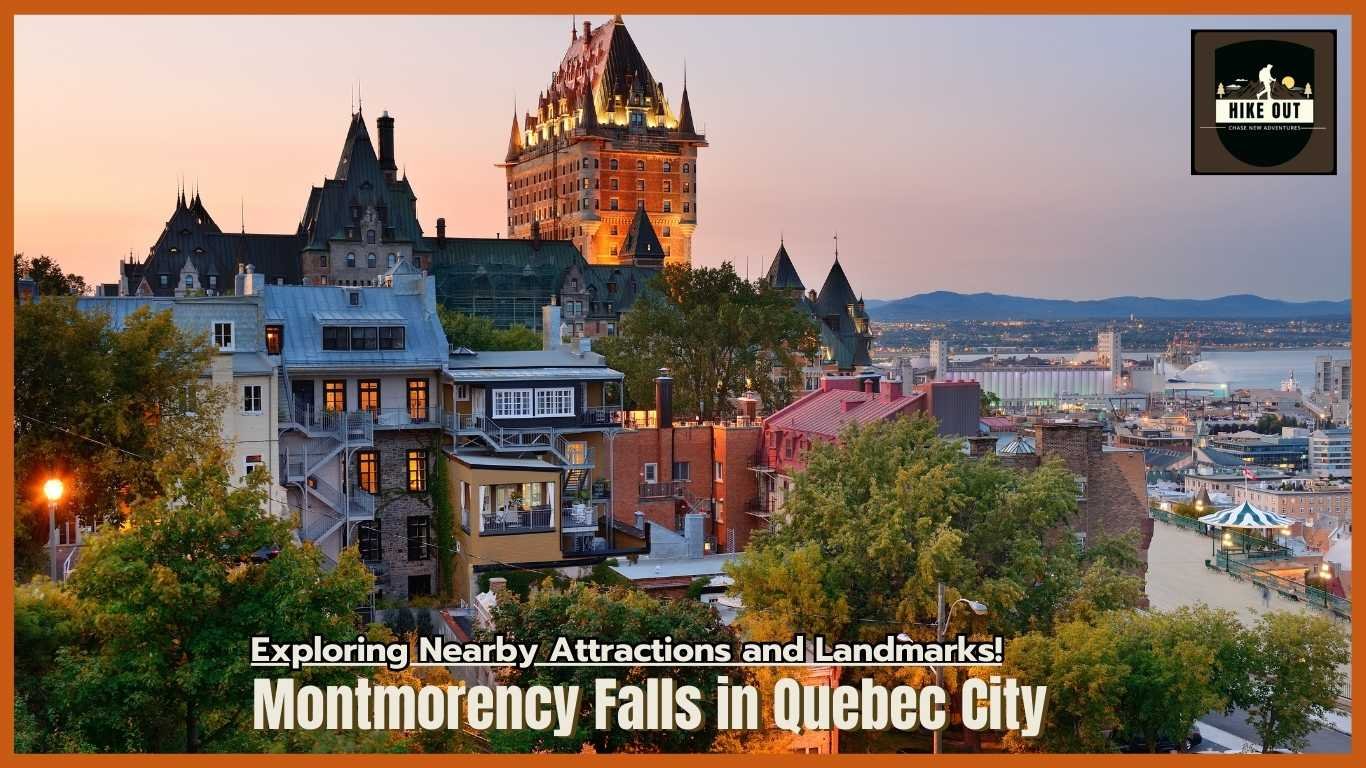 Beautiful view of Château Frontenac and Quebec City skyline from Montmorency Falls, with vibrant sunset lighting.