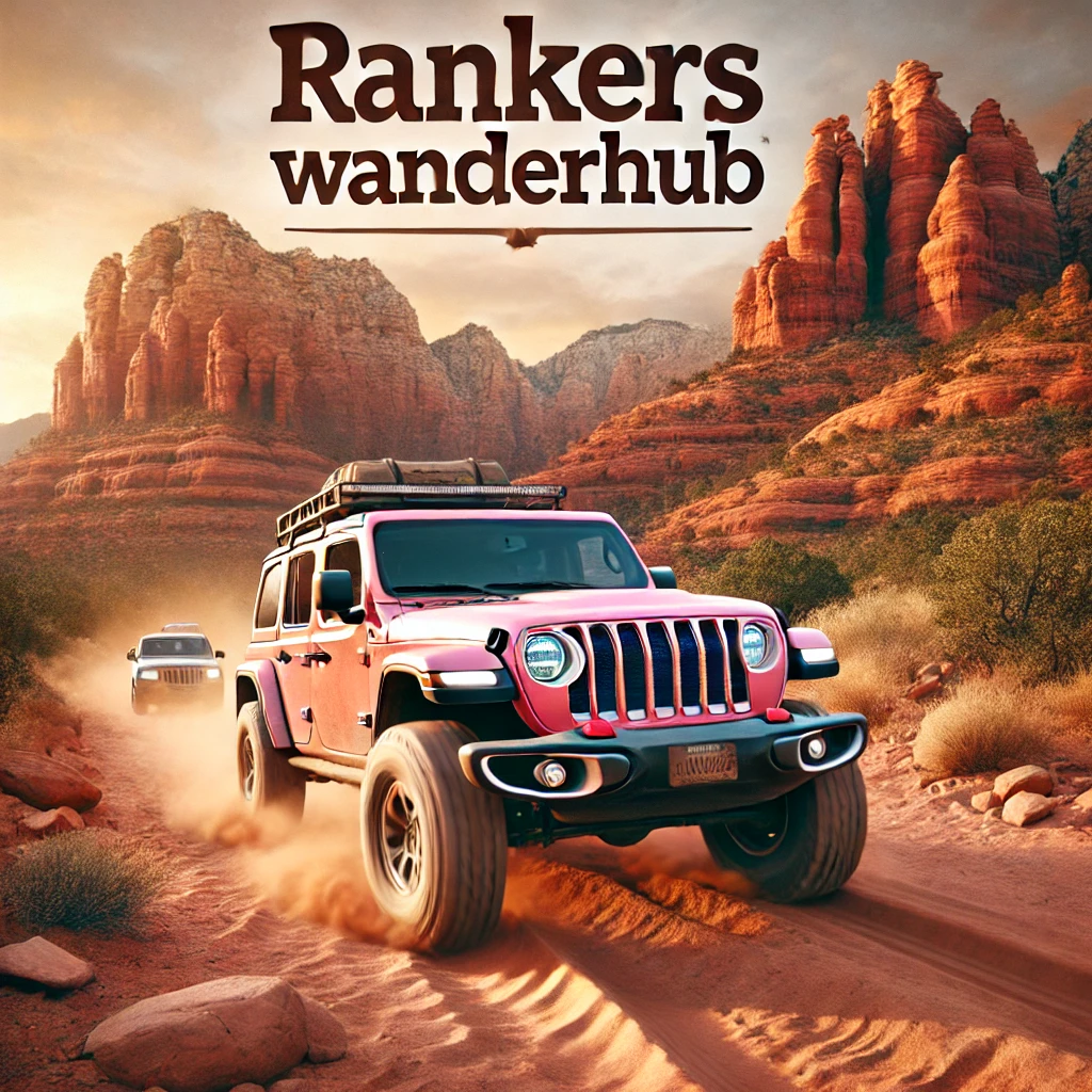 A pink jeep driving along Sedona’s rugged trails, "Rankers WanderHub" written across the scene.