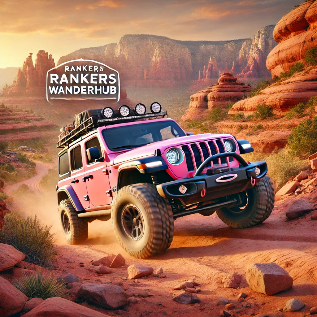 A jeep traversing a rocky Sedona trail with "Rankers WanderHub" written across the top.