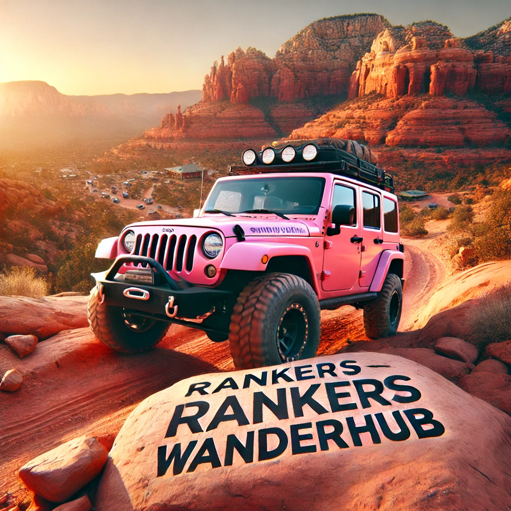 A pink jeep driving through the rugged terrain of Sedona, Arizona, with "Rankers WanderHub" displayed in bold text.