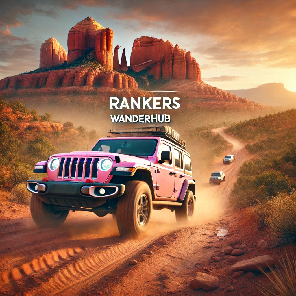 A pink jeep navigating the rugged terrain of Sedona, Arizona, with "Rankers WanderHub" text prominently displayed.