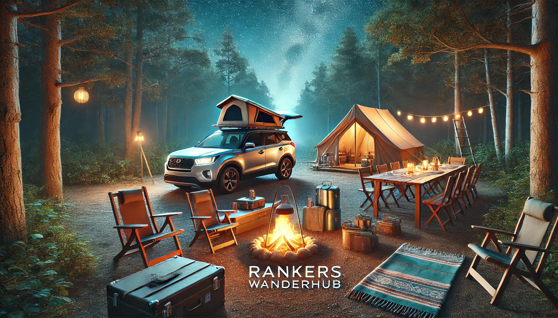 A serene car camping scene in a forest with a compact SUV, a cozy tent, campfire, and neatly arranged camping gear under a starry night sky. The text 'Rankers WanderHub' is elegantly displayed at the bottom corner.