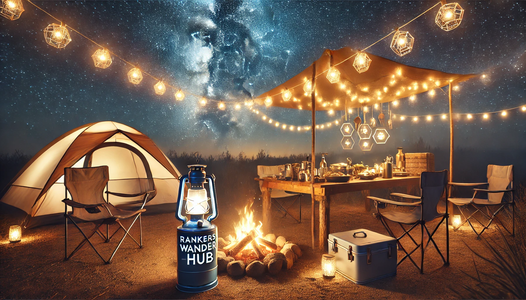 "A well-lit camping site under a starry sky, featuring cozy string lights around a tent, a campfire, and a portable table with camping essentials."