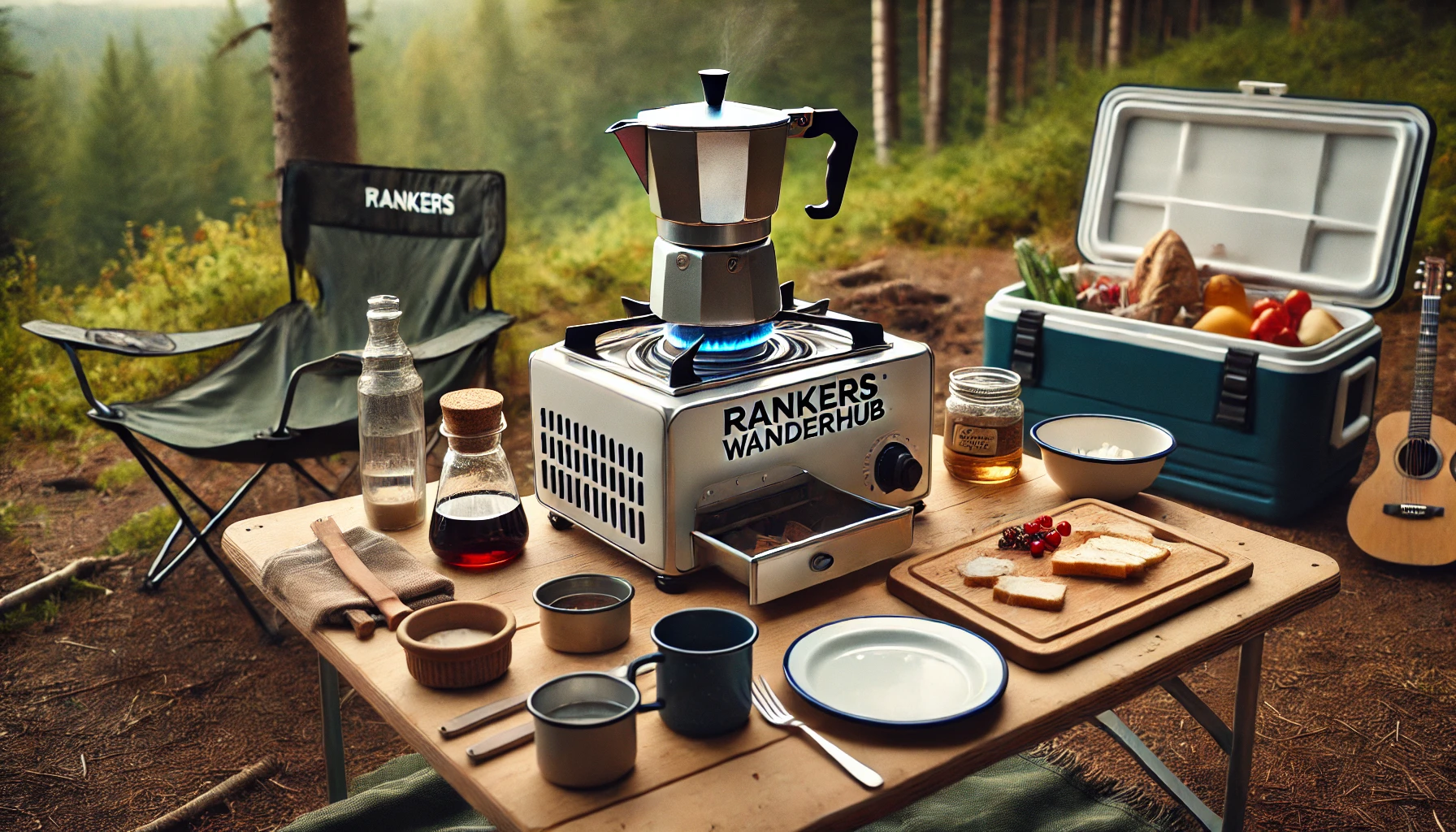 "A compact outdoor camp kitchen with a propane stove, coffee pot brewing, and neatly arranged utensils and ingredients on a portable table near a forest."