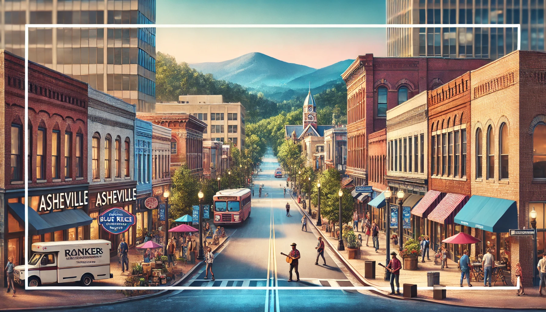 Picturesque view of Asheville, NC featuring Blue Ridge Mountains, downtown architecture, lush greenery, local breweries, art galleries, and the iconic Biltmore Estate.