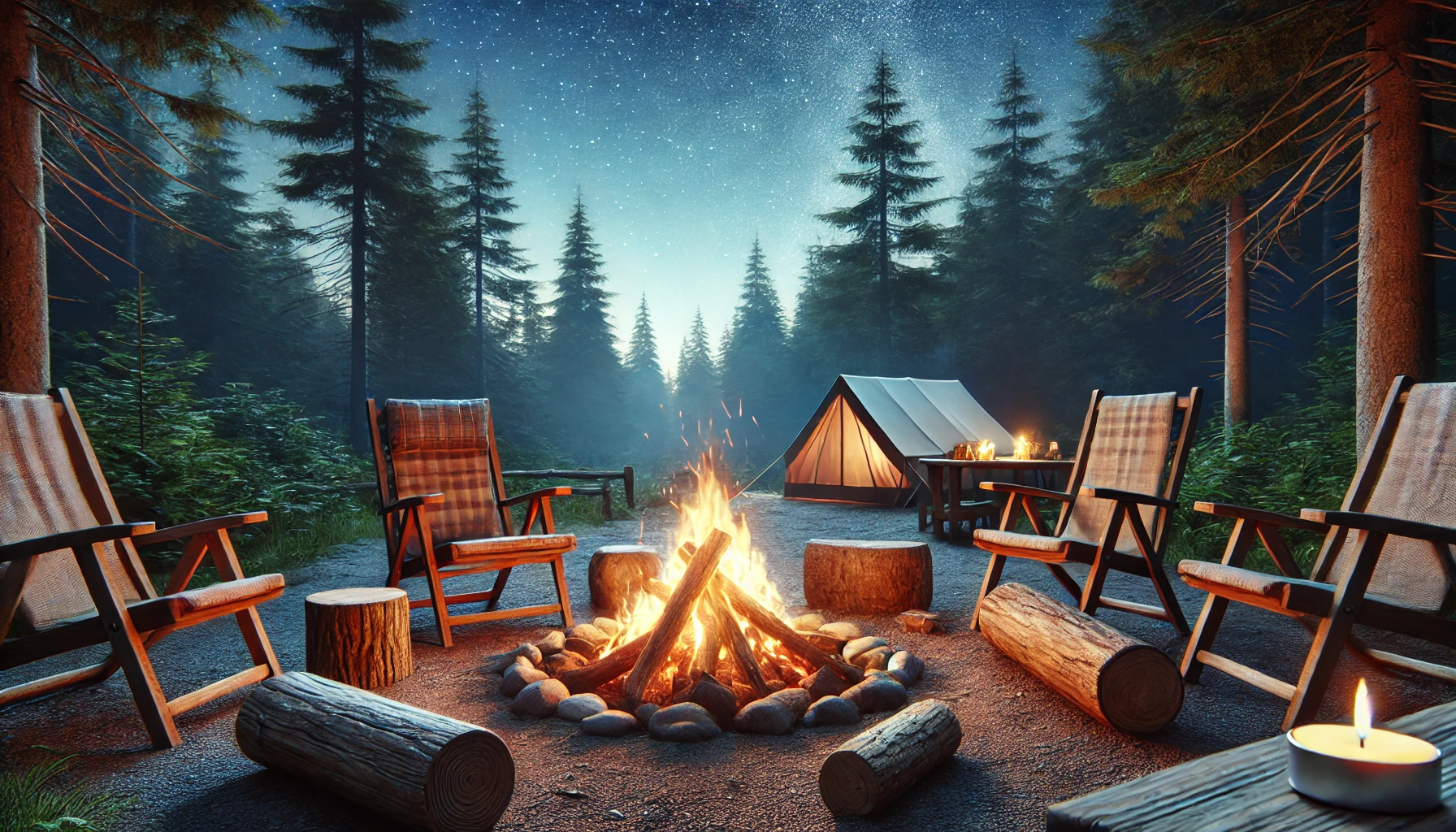 A scenic outdoor campsite at dusk, featuring a warm, inviting campfire surrounded by lush trees and a colorful sky.