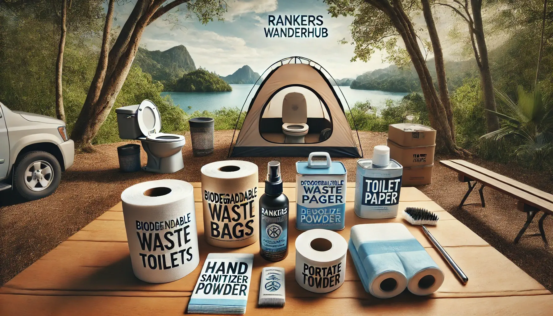  Essential camping toilet accessories displayed on a wooden table, including biodegradable waste bags, deodorizing powder, and hand sanitizer, with a scenic lake backdrop.