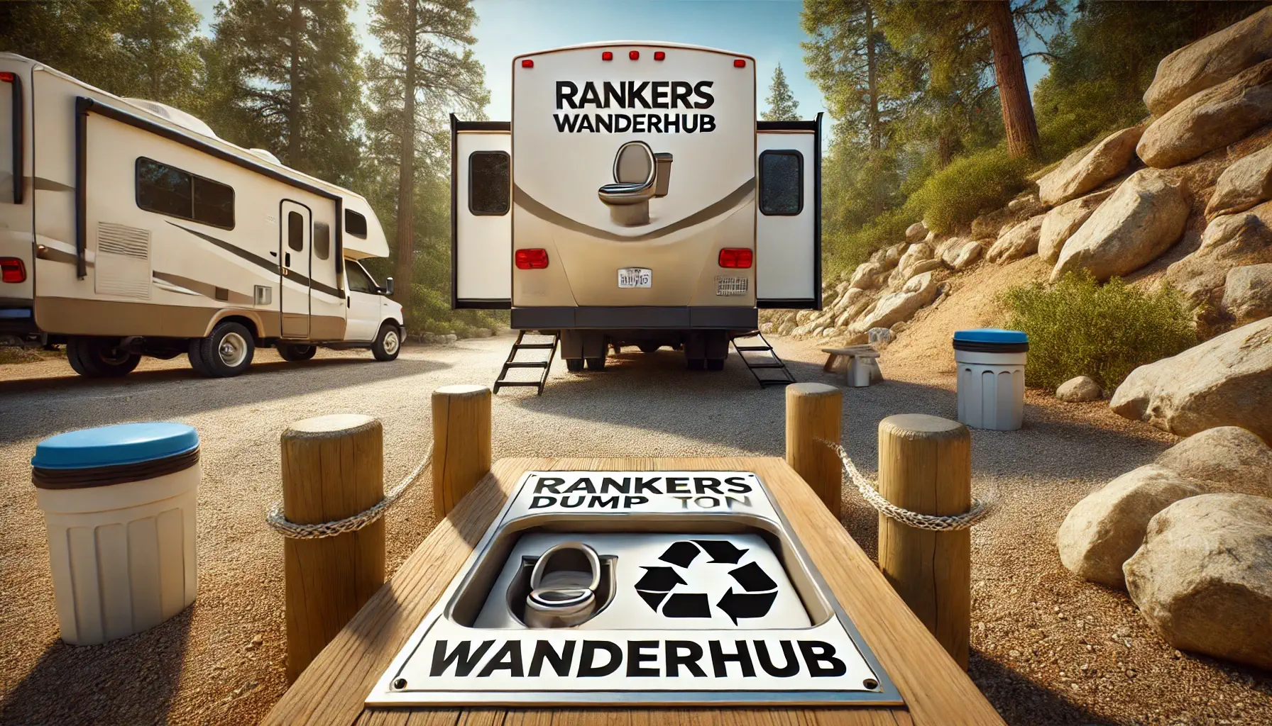 A clean RV dump station with a portable toilet disposal area, featuring a large RV with the "Rankers WanderHub" logo.