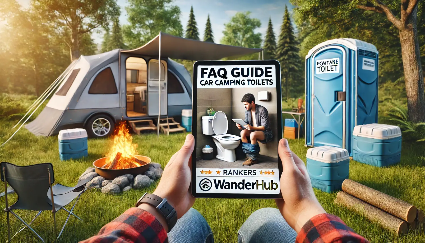 A camper holding a tablet displaying a car camping toilet FAQ guide, with a camping trailer, portable toilets, and a campfire in the background.