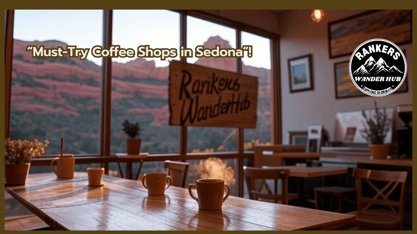 "Steaming coffee cups with Sedona’s red rock sunrise in the background, captured by Rankers WanderHub."