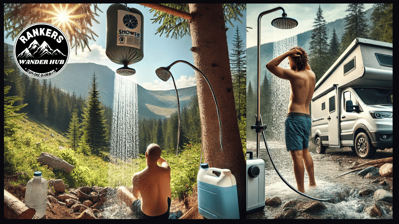 "Experience the ultimate car camping shower setup with a solar-powered gravity shower in the mountains and a portable water pump shower by an RV. Brought to you by Rankers Wander Hub, your go-to source for outdoor adventure tips."